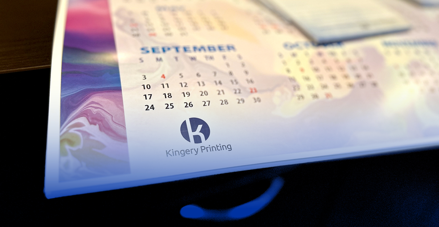 Macro photo of printed and branded desktop stationery calendar